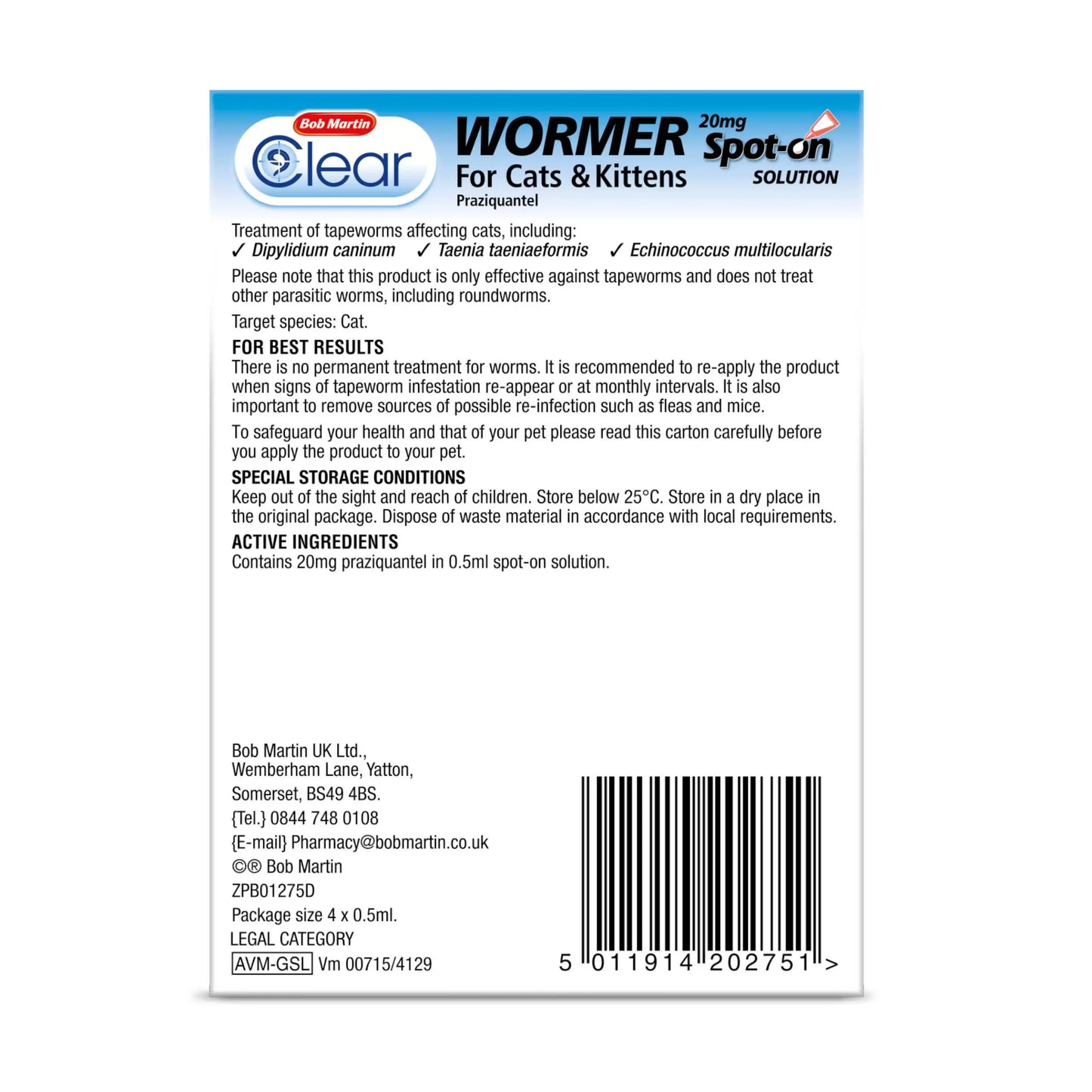 Bob Martin Clear Wormer Spot-On for Cats and Kittens – 4 Pipettes