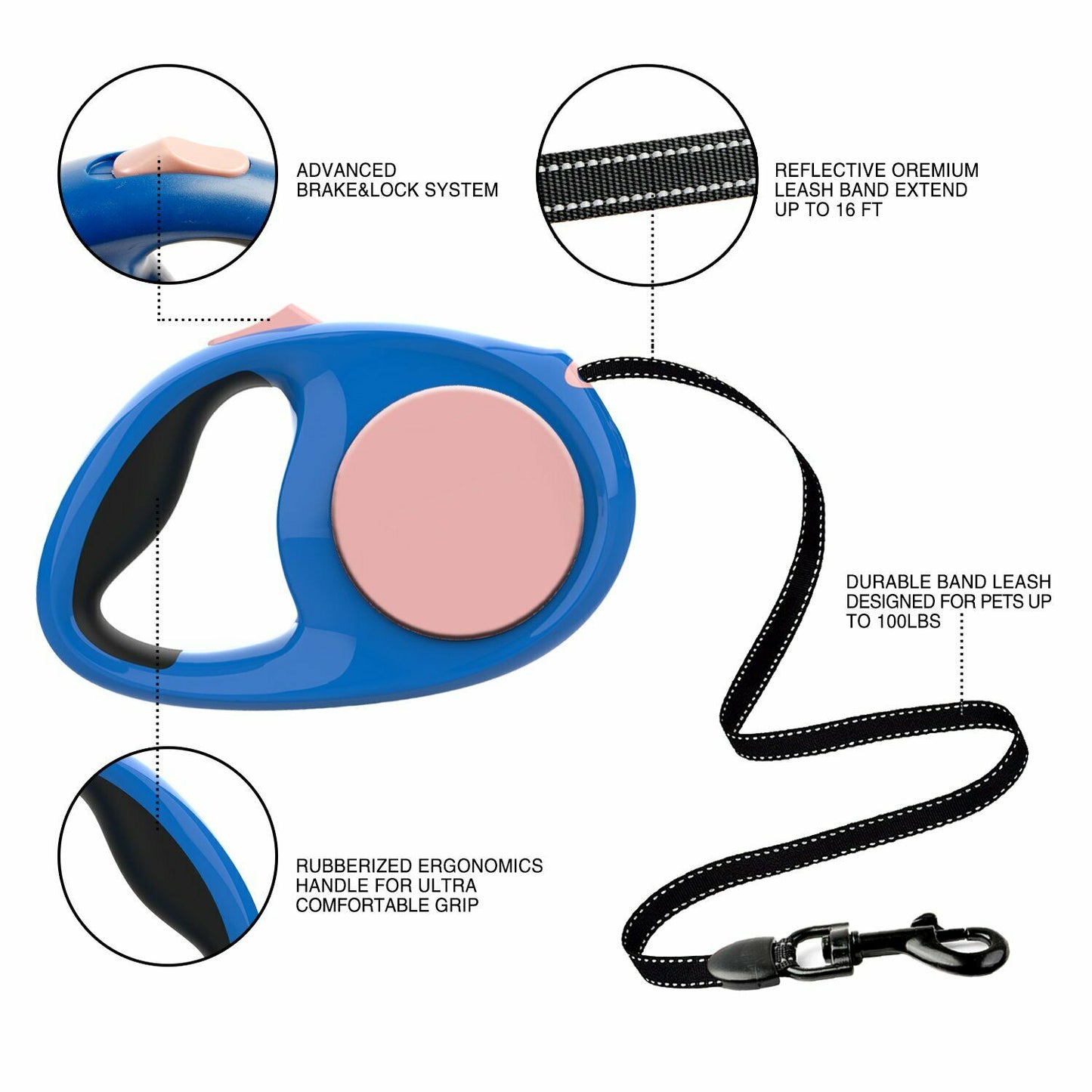 Dog Lead Retractable Puppy Training Pet Leash Extending Tape Cord 5m - Max 70kg Petsraw